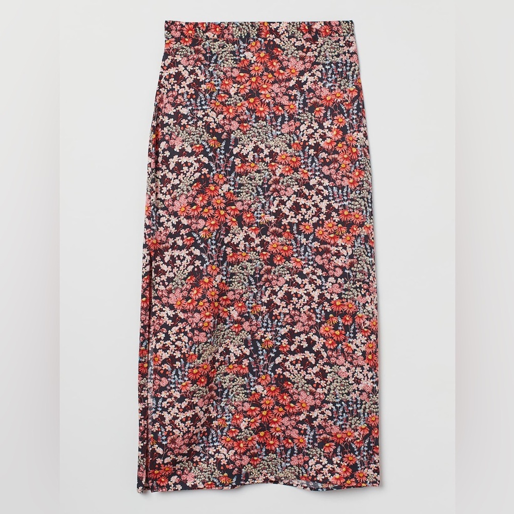 Floral Side Slit Satin Skirt